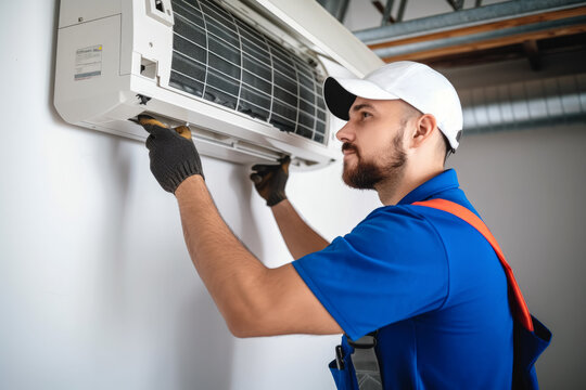 HVAC technician installing a mini split air conditioner in Inglewood