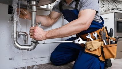 Plumber repairing pipes beneath a sink in Inglewood